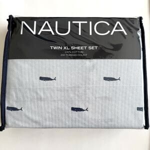 New Nautica Cotton Twin XL Sheet Set, Stripes with Whales, Nautical, Coastal